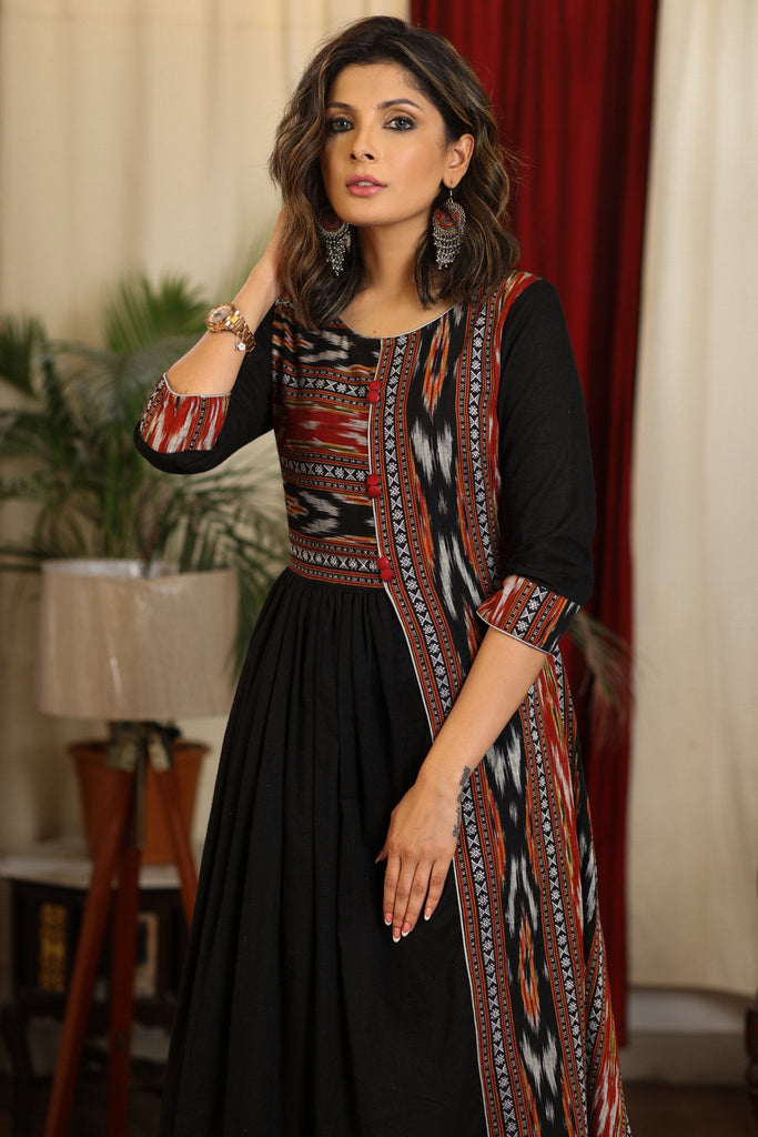 ON-SALE-elegant-gathered-black-cotton-dress-with-ikat-combination