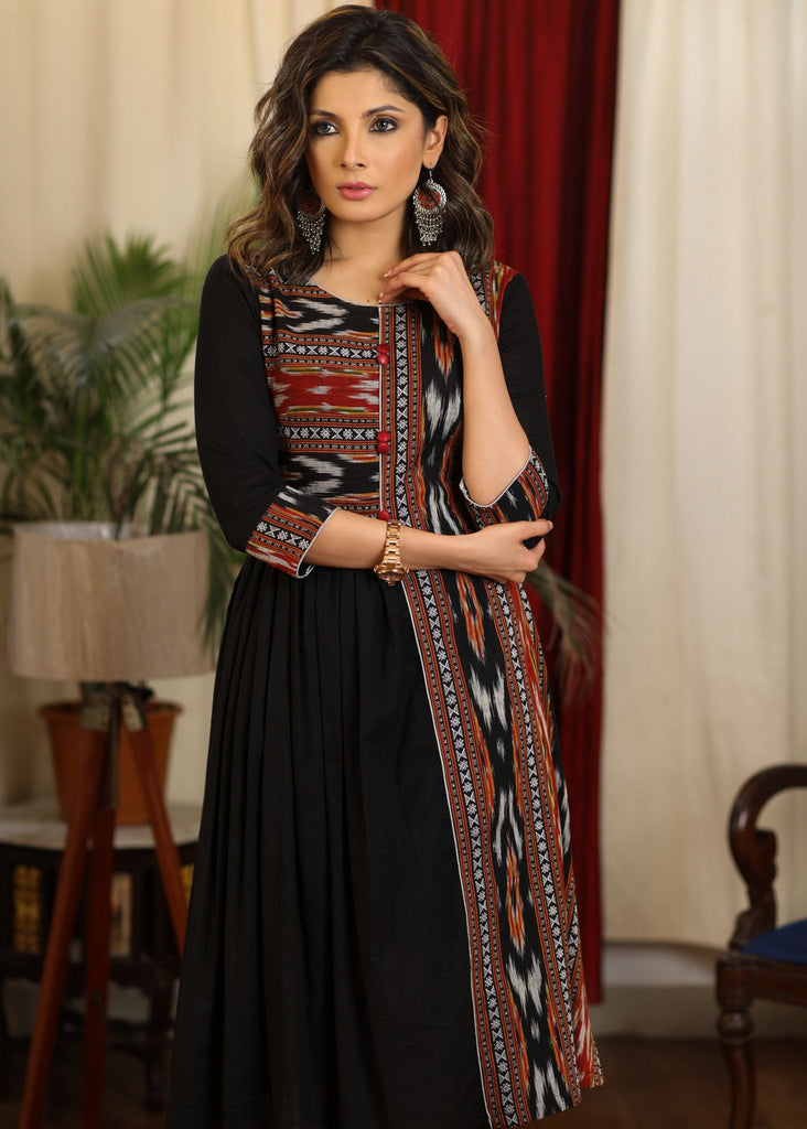 ON-SALE-elegant-gathered-black-cotton-dress-with-ikat-combination