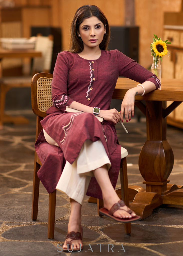 Graceful Maroon cotton kurta with hand painting Pant optional