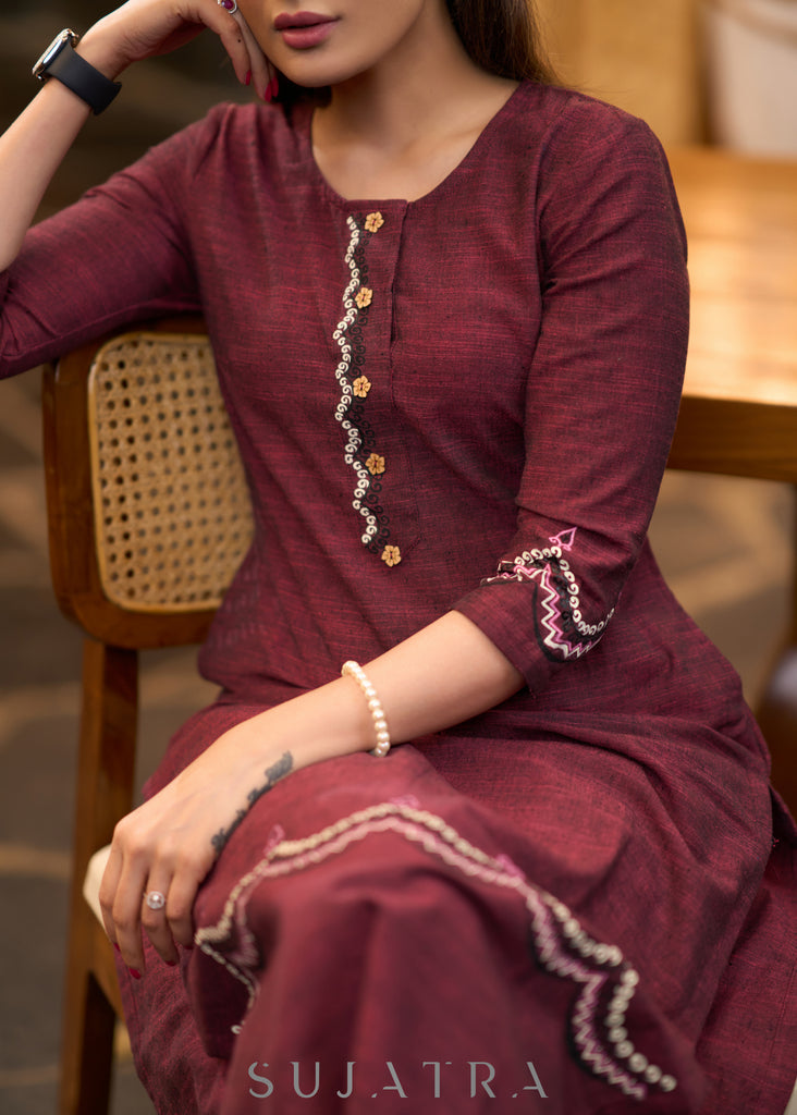 Graceful Maroon cotton kurta with hand painting Pant optional