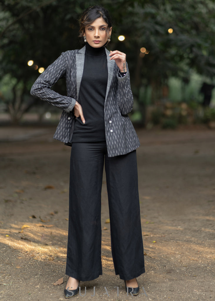 Exclusive black cotton ikat formal blazer with optional pant