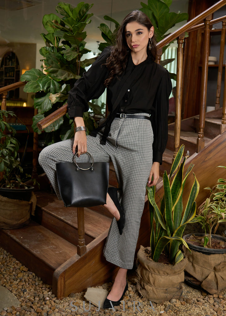 Classic grey cotton checkered straight pant - Black Shirt Optional