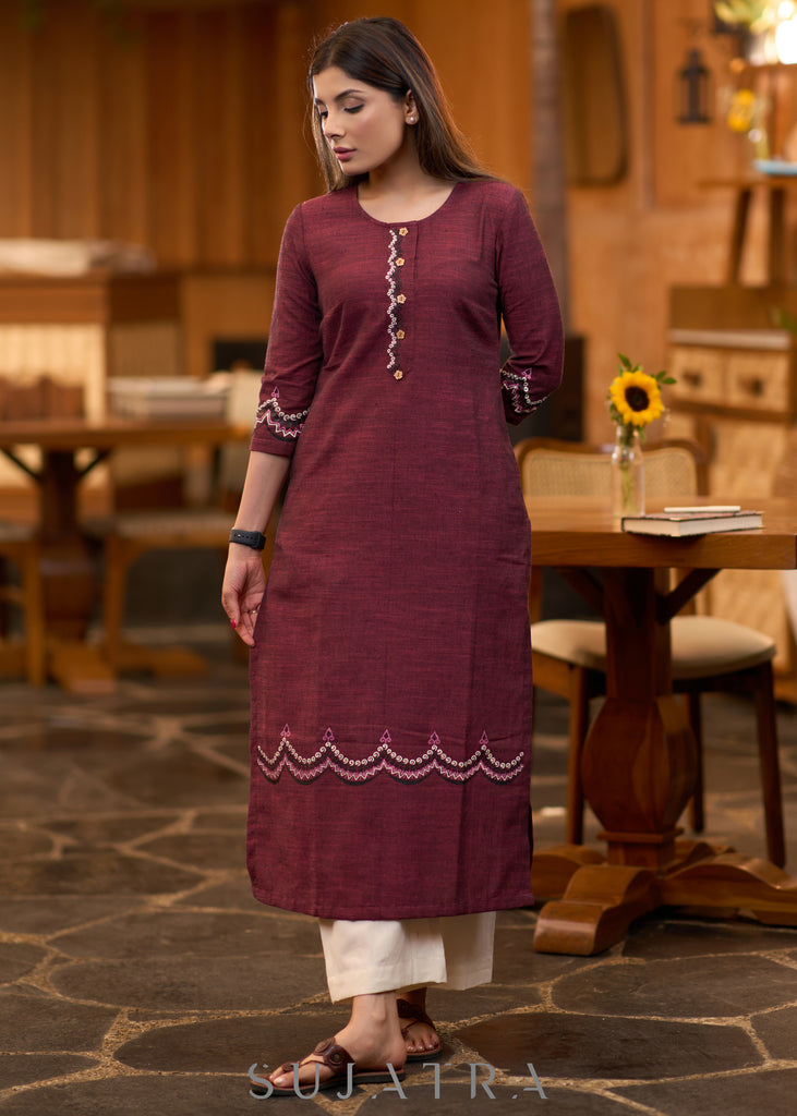 Graceful Maroon cotton kurta with hand painting Pant optional