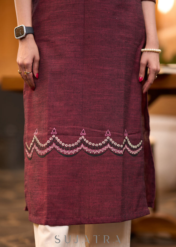 Graceful Maroon cotton kurta with hand painting Pant optional