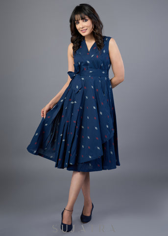 Smart Navy Blue Cotton Sleeveless Overlap Dress