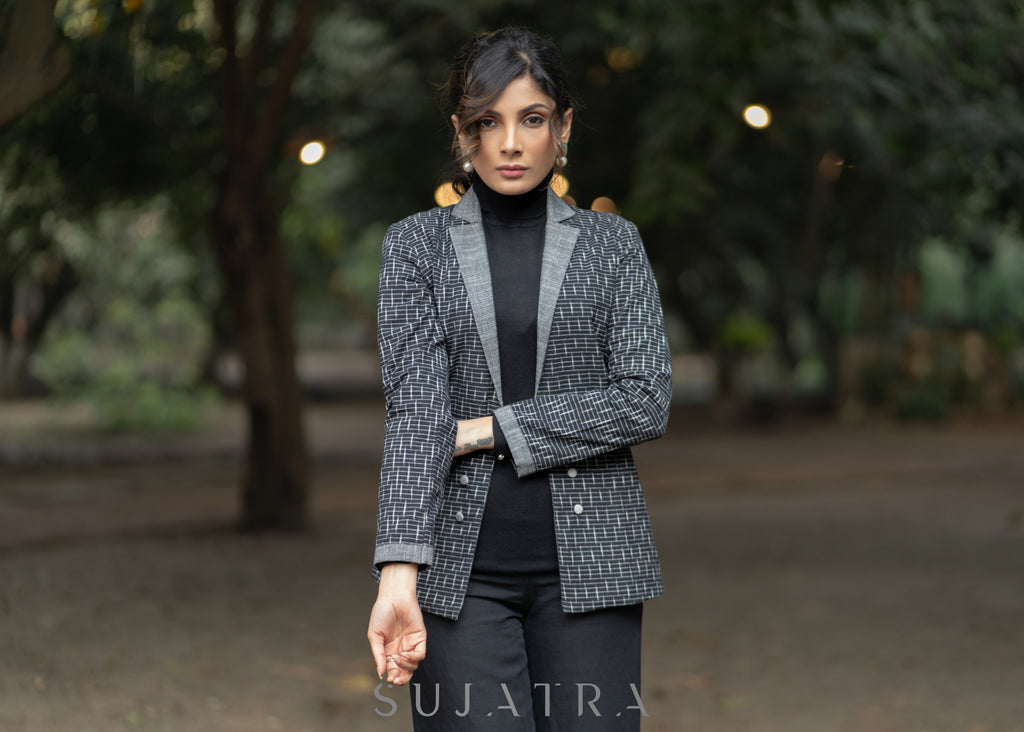 Exclusive black cotton ikat formal blazer with optional pant