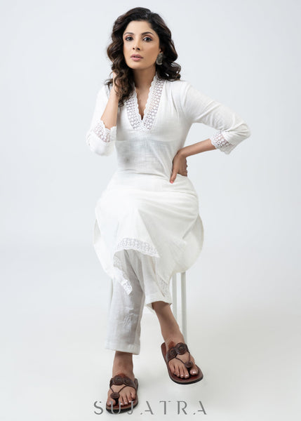 ON-SALE-trendy-white-cotton-kurta-with-delicate-laces-pant-optional