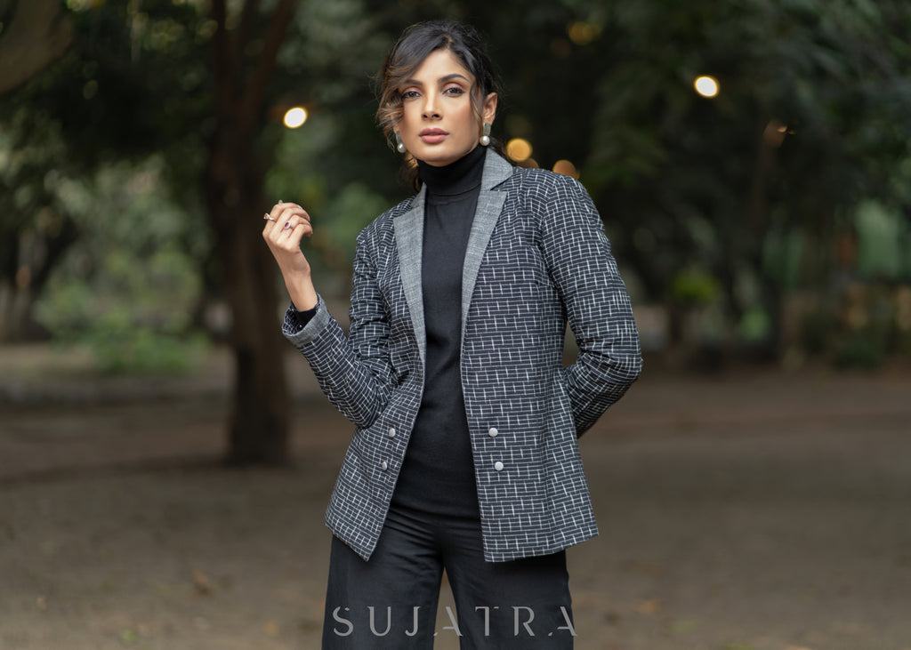 Exclusive black cotton ikat formal blazer with optional pant