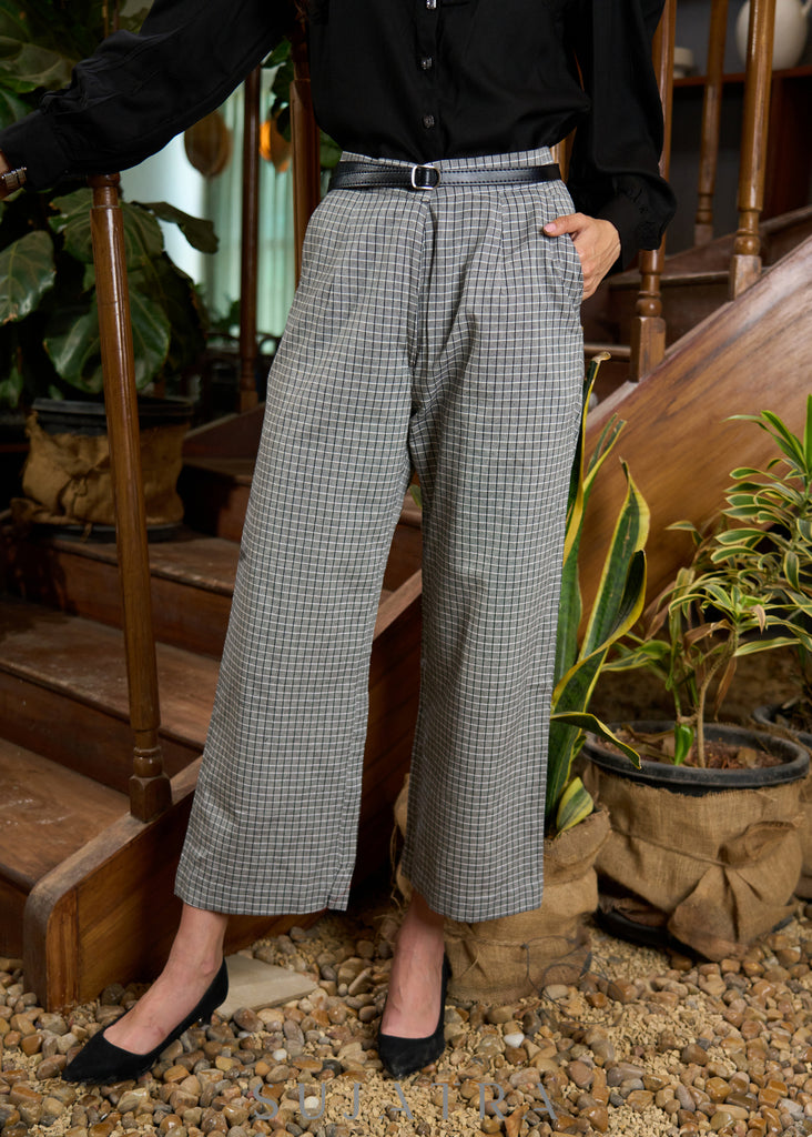 Classic grey cotton checkered straight pant - Black Shirt Optional