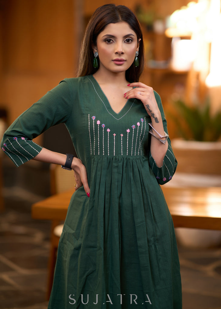 Classy forest green cotton pleated kurta with embroidered yoke - Pant optional