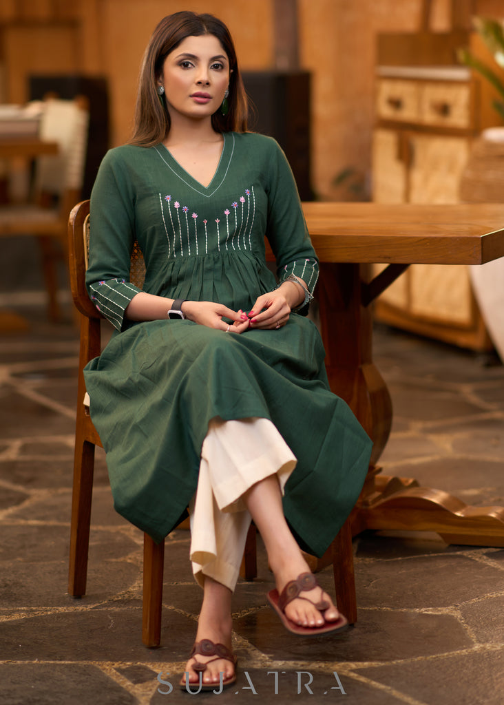 Classy forest green cotton pleated kurta with embroidered yoke - Pant optional