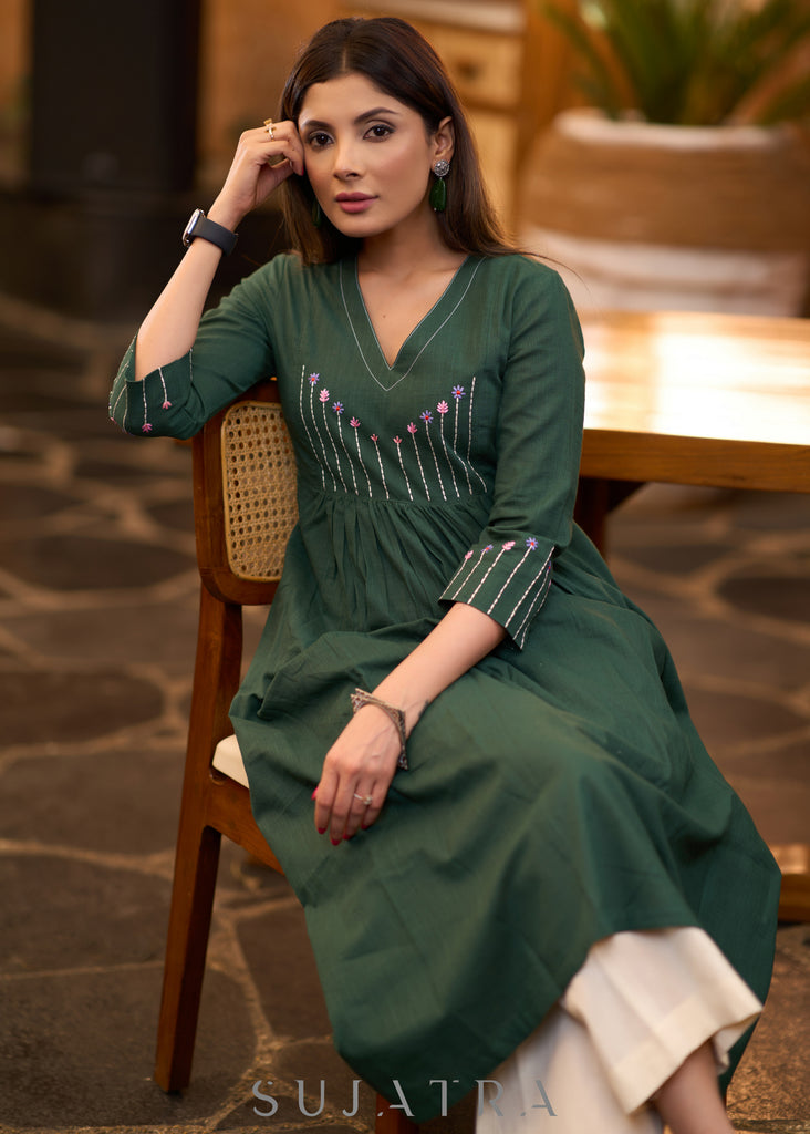 Classy forest green cotton pleated kurta with embroidered yoke - Pant optional