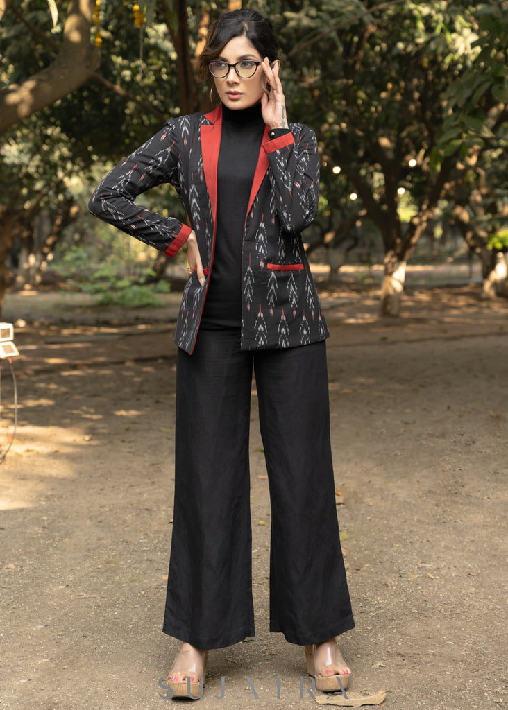 Exclusive black & red cotton ikat formal blazer with optional pant