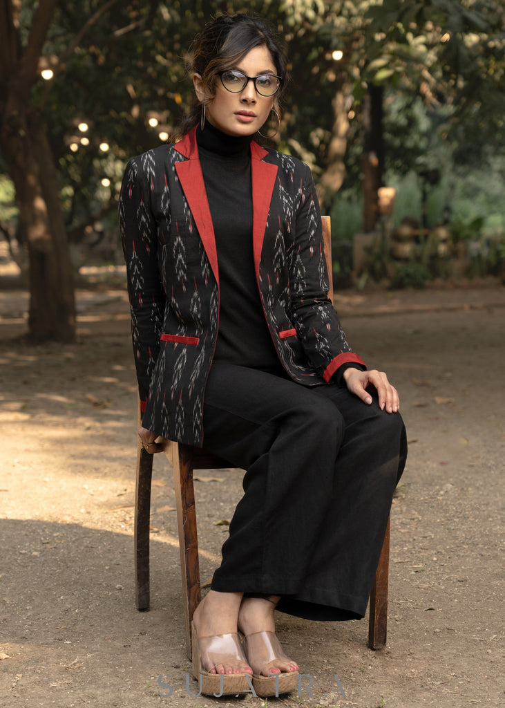 Exclusive black & red cotton ikat formal blazer with optional pant