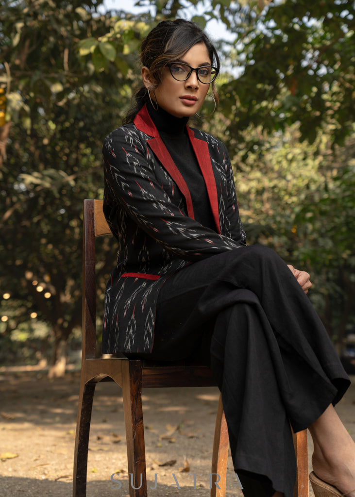 Exclusive black & red cotton ikat formal blazer with optional pant