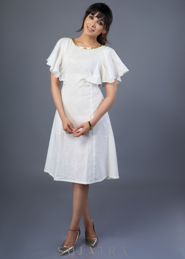 Elegant Hand Embroidered White Cotton Dress