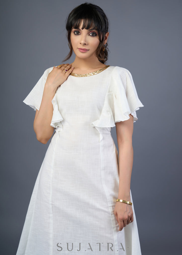 Elegant Hand Embroidered White Cotton Dress