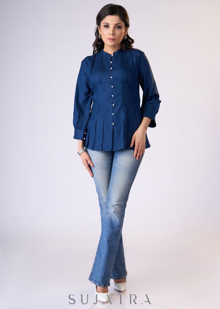 Flowy Navy blue rayon front tucks top with pearl buttons