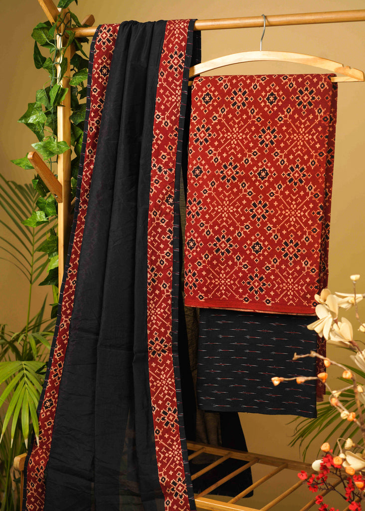 Maroon Cotton Ajrakh Suit Set with Black Ikat Bottom and Chanderi Dupatta