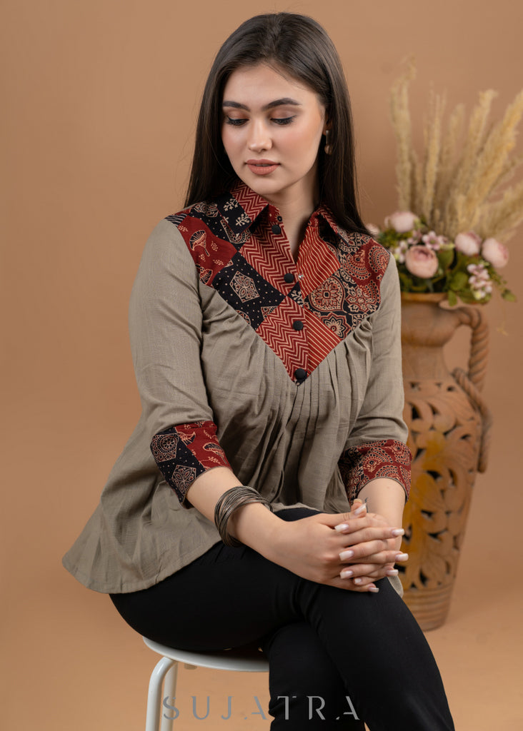 Casual Beige Cotton patch work top