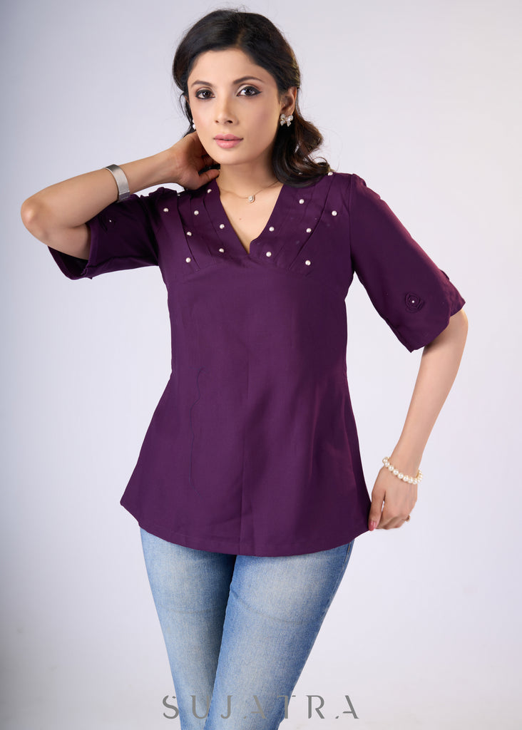 Flowy Purple rayon top with pleates & pearls on yoke