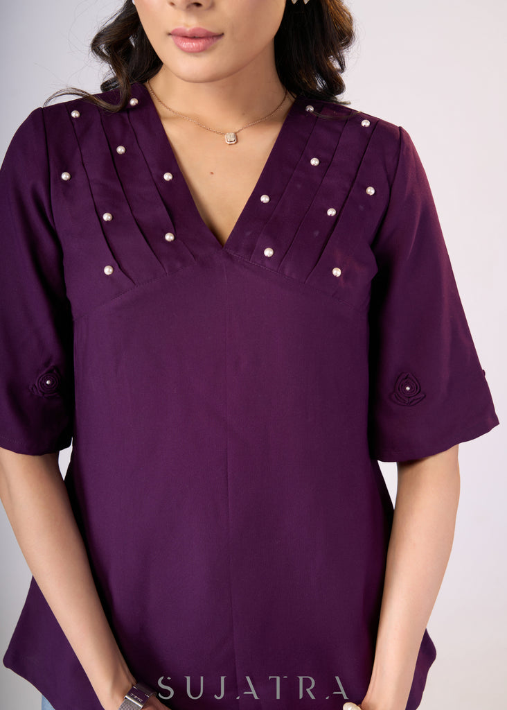 Flowy Purple rayon top with pleates & pearls on yoke