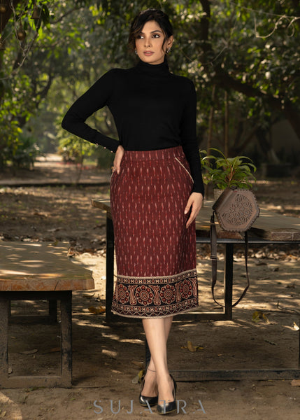 ON-SALE-stlyish-maroon-ikat-fitted-skirt-with-beautiful-ajrakh-combination