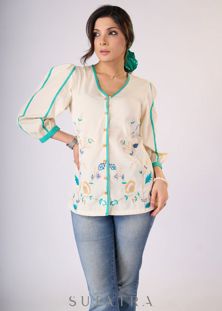 Elegant Off-white cotton top with contrast embroidery