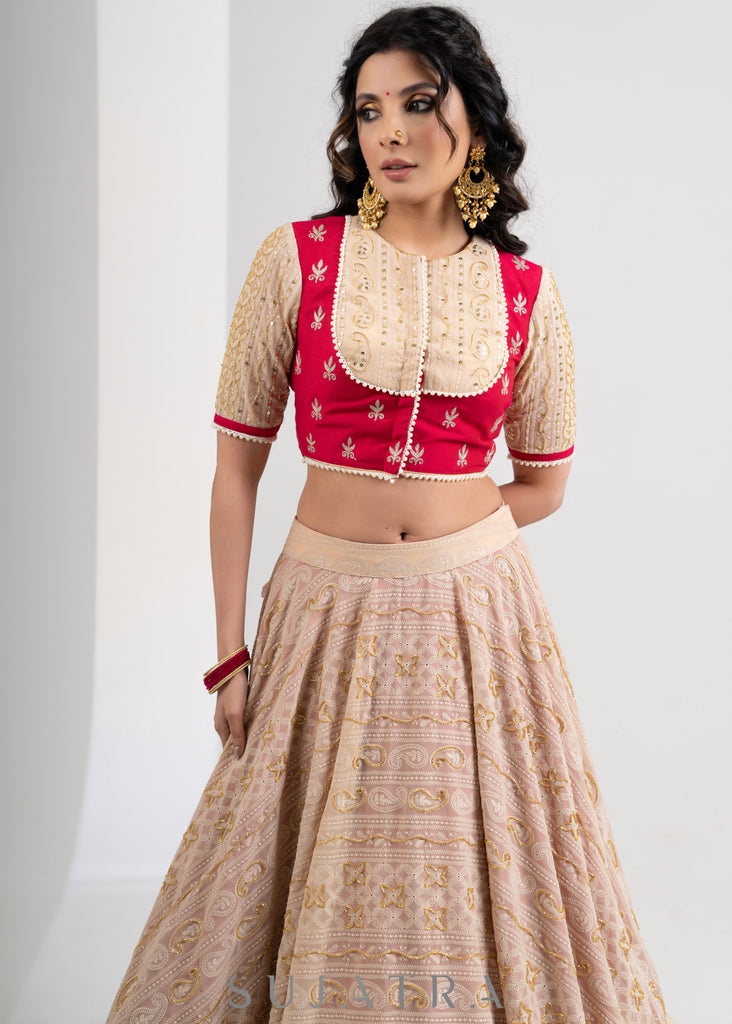 Cream Color Silk Embroidered Unstitched Lehenga.