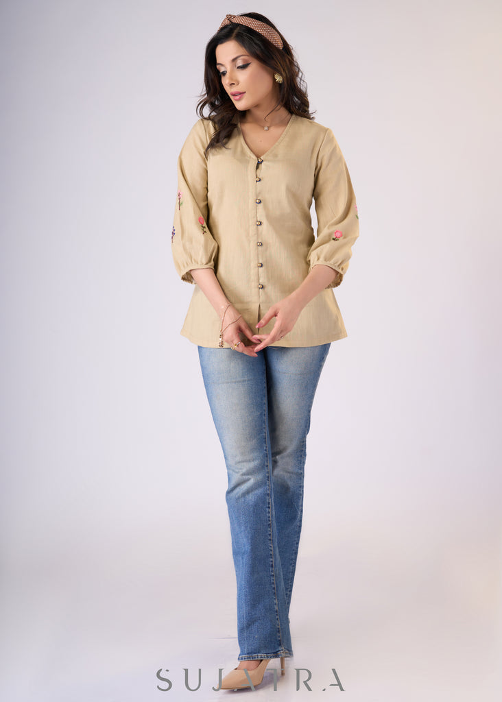 Classy Beige cotton top with embroidery on sleeves