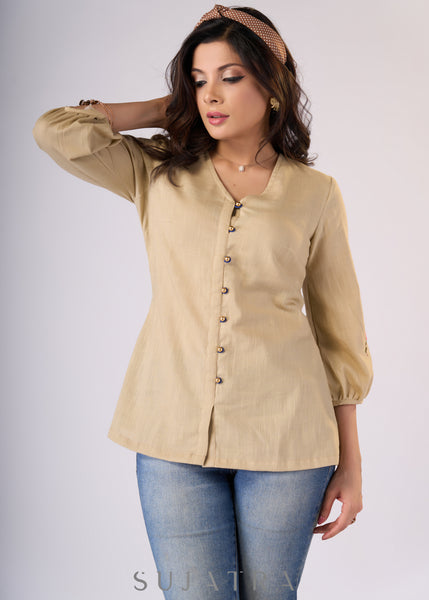 Classy Beige cotton top with embroidery on sleeves