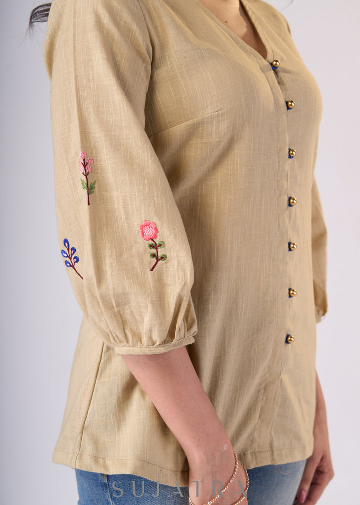 Classy Beige cotton top with embroidery on sleeves