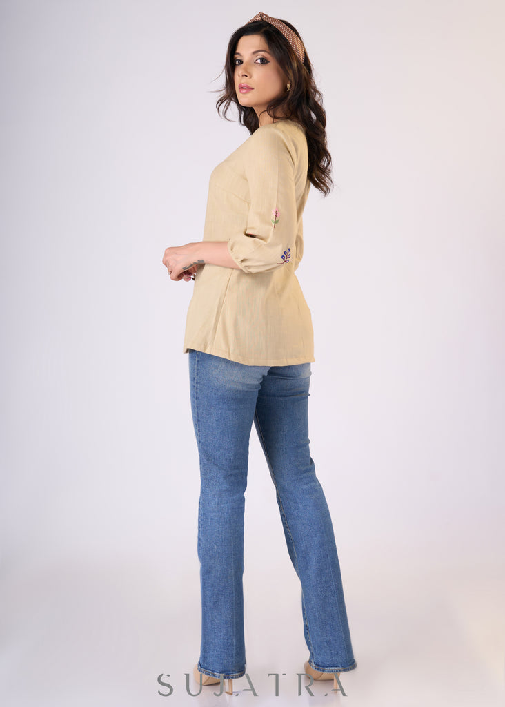 Classy Beige cotton top with embroidery on sleeves