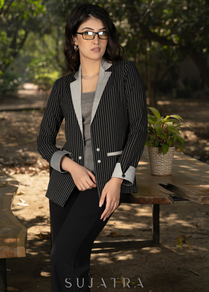 Smart black cotton striped formal blazer with grey combination and optional cotton inner