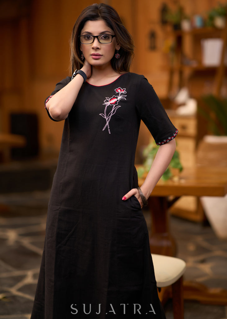 Exclusive black cotton kurta with embroidered motif - Pant optional