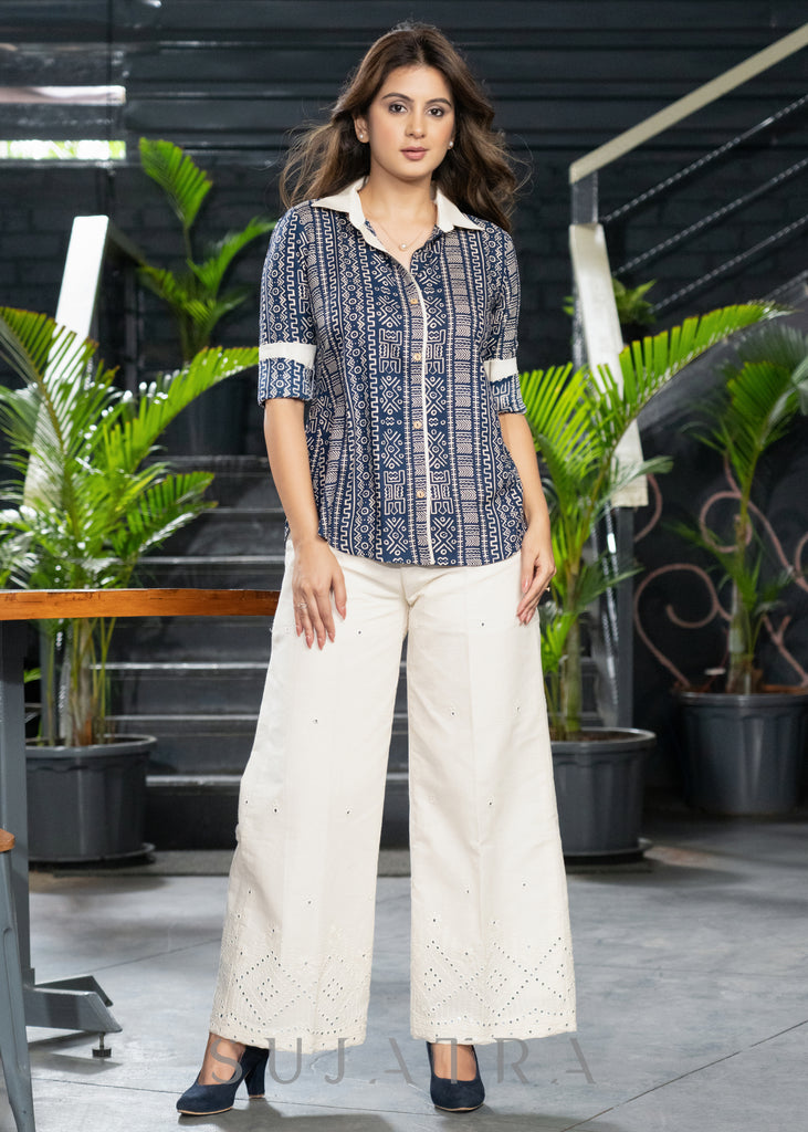 Casual Navy Blue Printed Shirt with Wooden Buttons & White Detailing