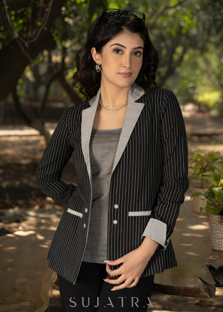 Smart black cotton striped formal blazer with grey combination and optional cotton inner