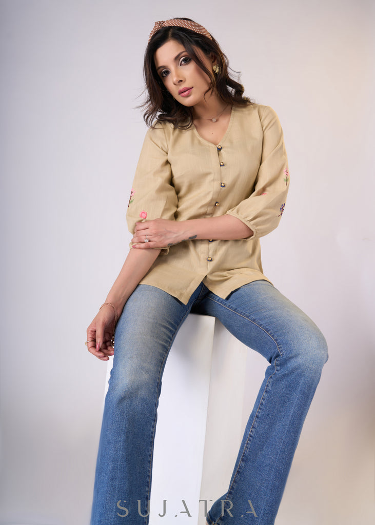 Classy Beige cotton top with embroidery on sleeves