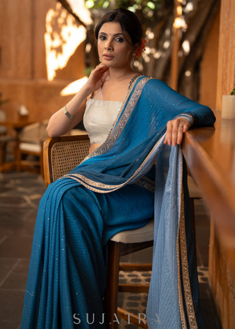 Trendy Teal Ombre Saree With Overall Sequence Highlighted With Beautiful Pearl Laces