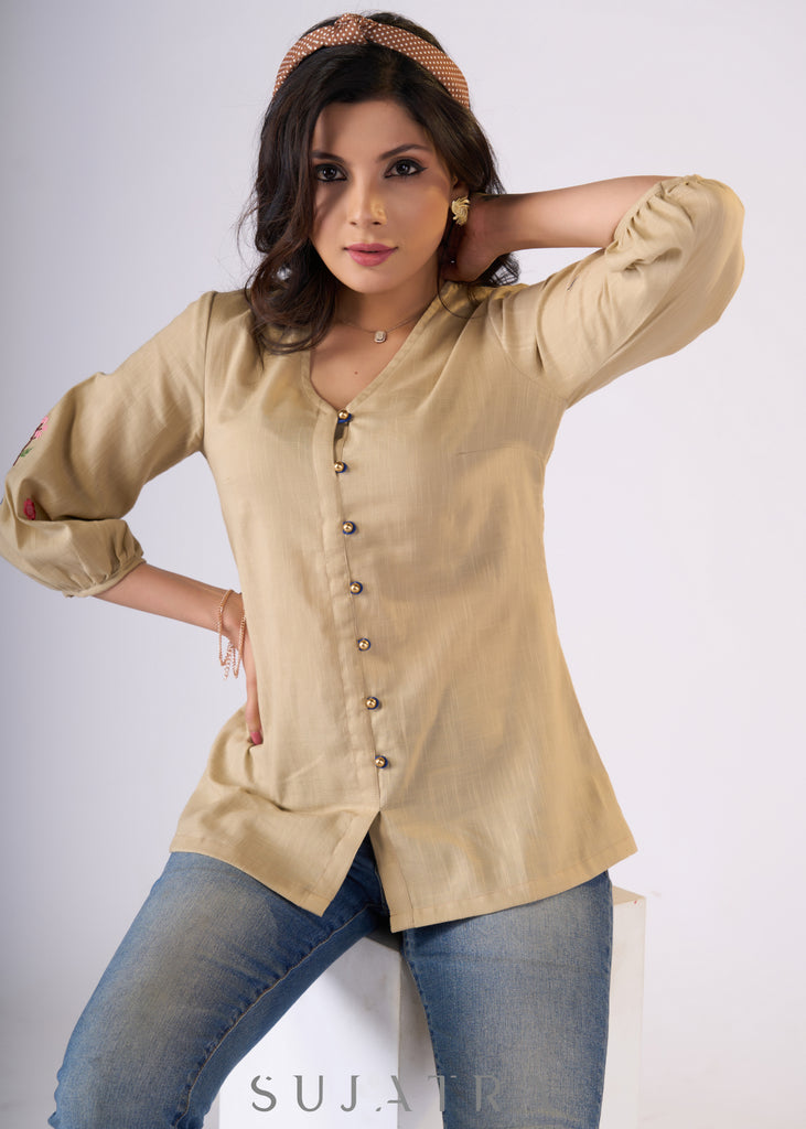 Classy Beige cotton top with embroidery on sleeves