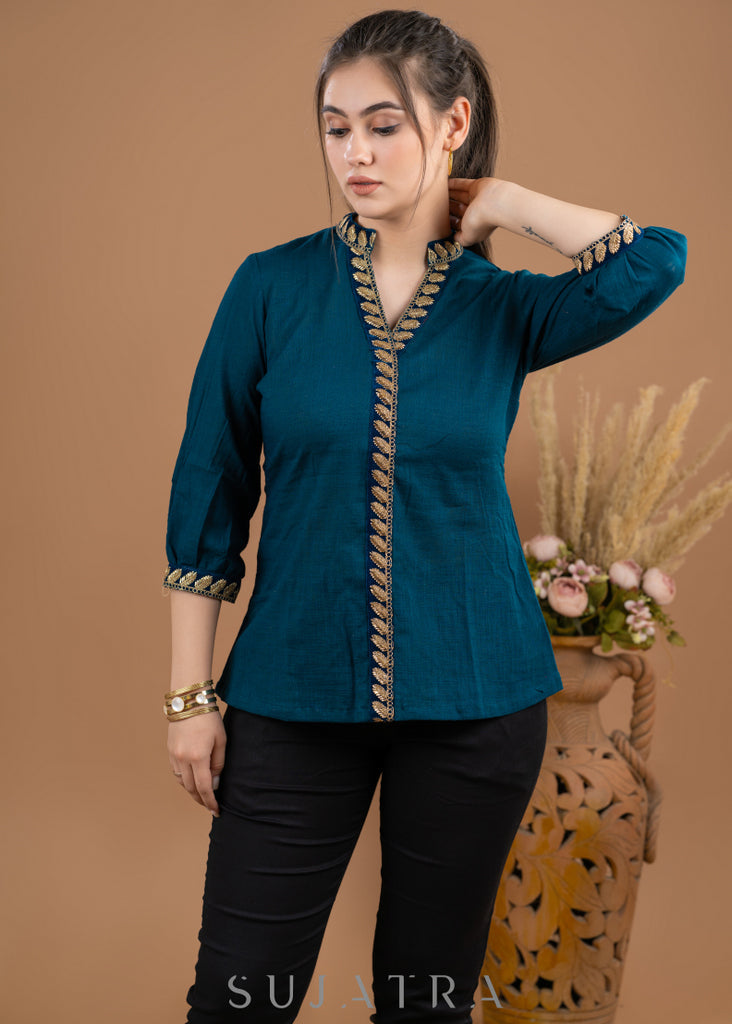 ON-SALE-trendy-teal-cotton-embroidered-lace-top