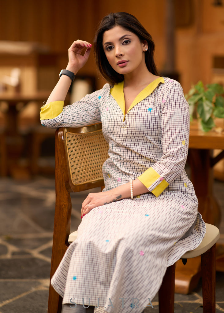 Trendy Black & white ikat kurta with yellow detaling & embroiderey all over Pant optional