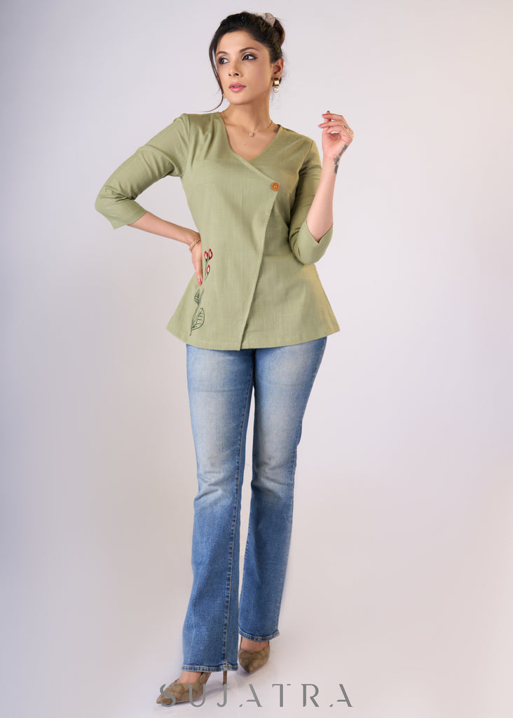 Smoke green cotton top with one-side embroidery