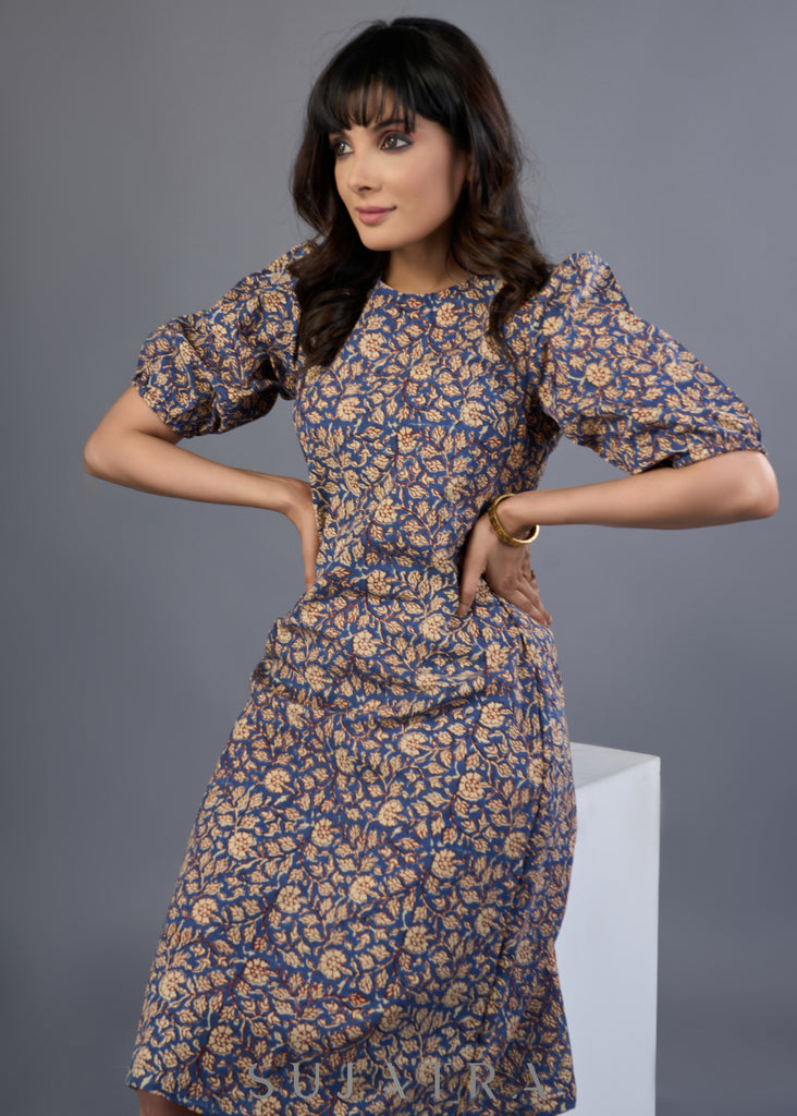 Sleek Blue Cotton Block Printed Gathered Sleeve Dress