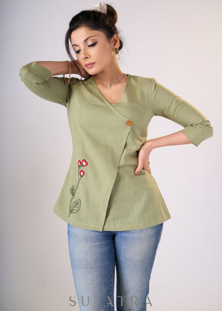 Smoke green cotton top with one-side embroidery