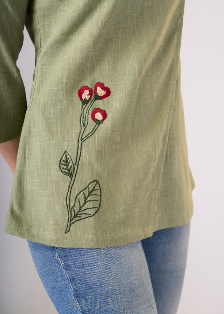 Smoke green cotton top with one-side embroidery