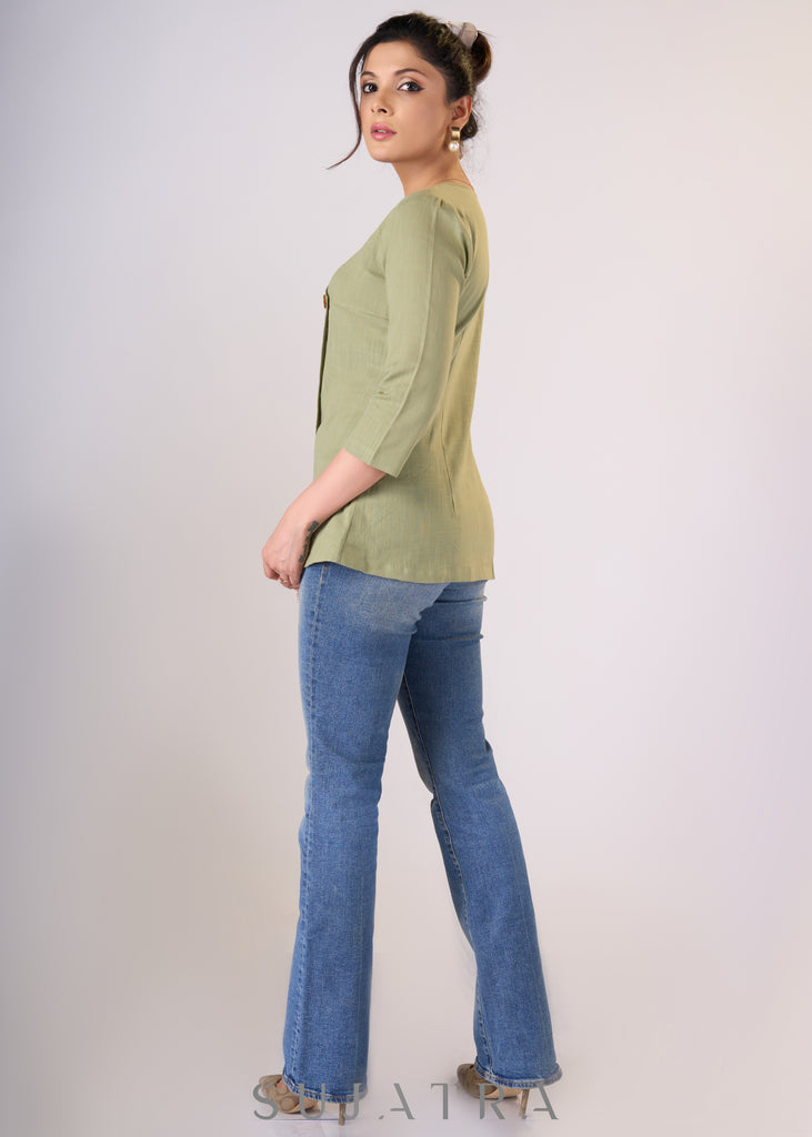 Smoke green cotton top with one-side embroidery