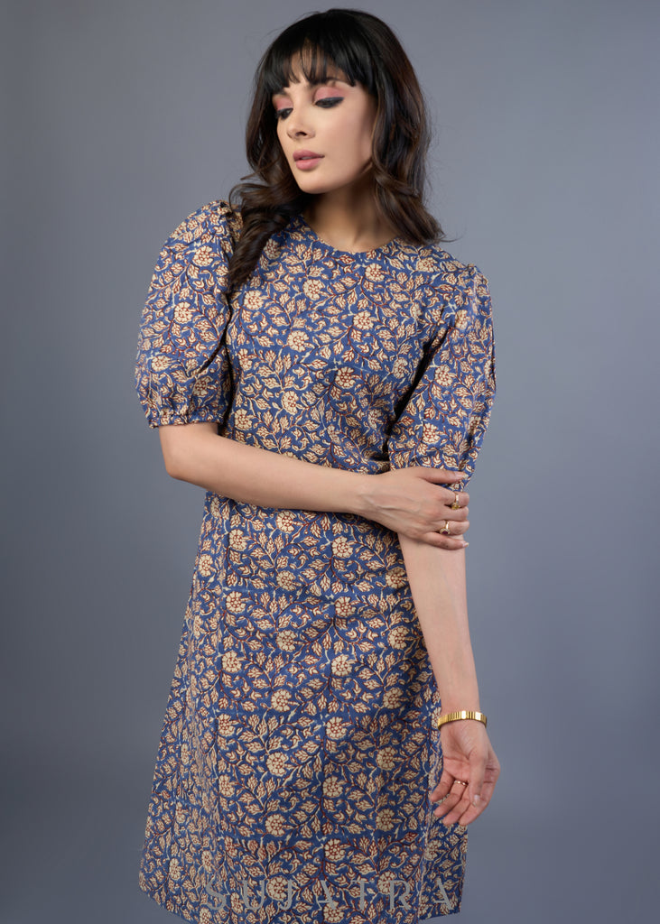 Sleek Blue Cotton Block Printed Gathered Sleeve Dress