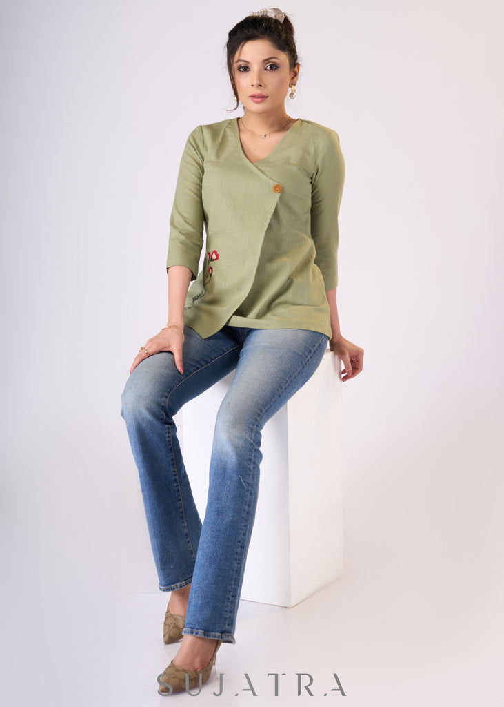 Smoke green cotton top with one-side embroidery