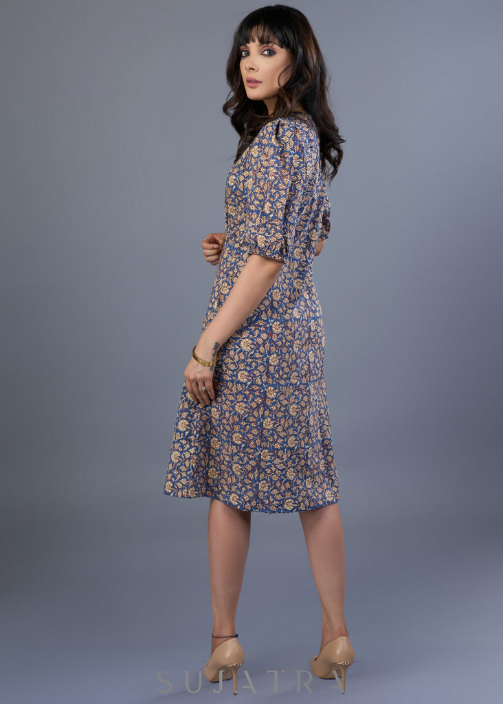 Sleek Blue Cotton Block Printed Gathered Sleeve Dress